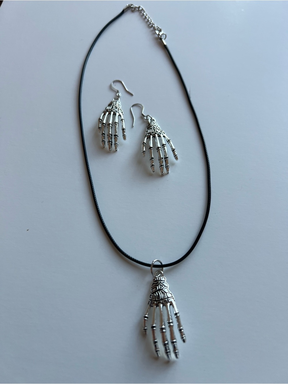 Silver Skeleton Hand Necklace and Earrings Set - Black Cord / Halloween Gothic